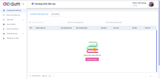 Giao diện hệ thống phần mềm quản lý đào tạo ISOFH